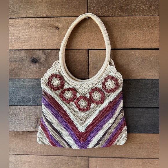 Vintage Handbags - Vintage Crochet Floral Boho Shoulder Bag 70s Style Knit Purse Hippie Tote